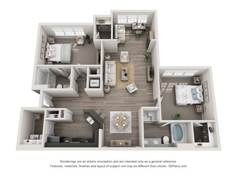 Floor plan for 2 beds, 2 baths, 1263 sqft